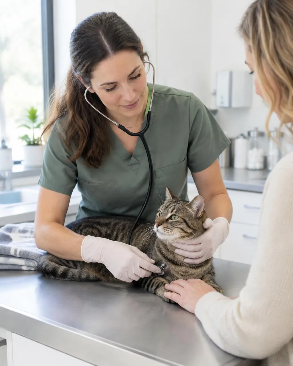 Médica-veterinária examinando um gato com estetoscópio